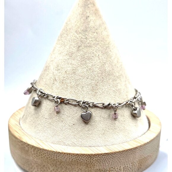 Silver Charm Bracelet With Heart & Pink Beadsv - Picture 1 of 2